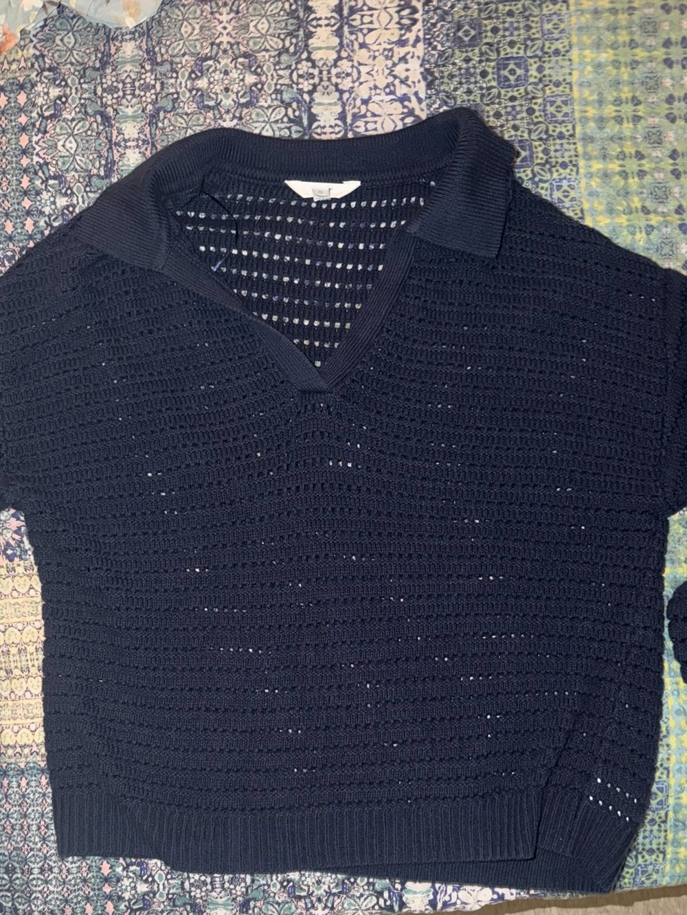 Terra Sky Women’s Open-Weave Polo Sweater - navy blue